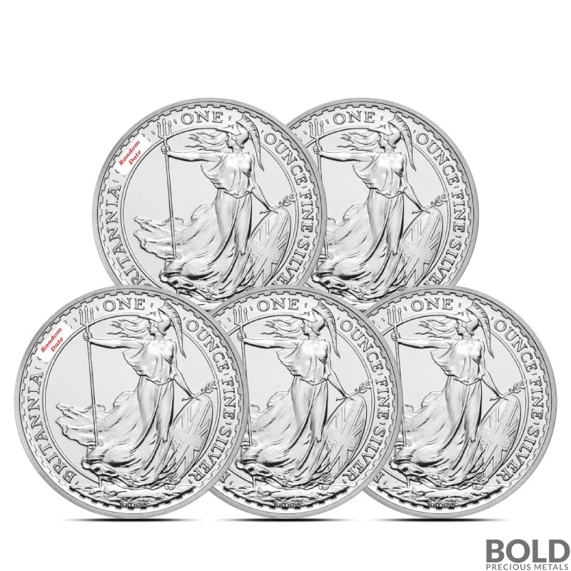 1 oz British Silver Britannia Coin (BU, Random Year, Lot of 5)
