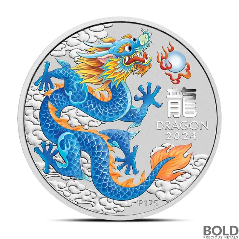 2024 1 oz Perth Lunar Blue Dragon Colored Silver Coin