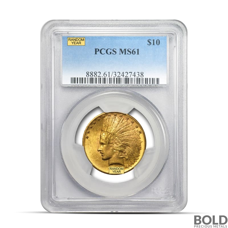 $10 Indian Eagle Gold Coin (Random Year, MS61 NGC/PCGS)