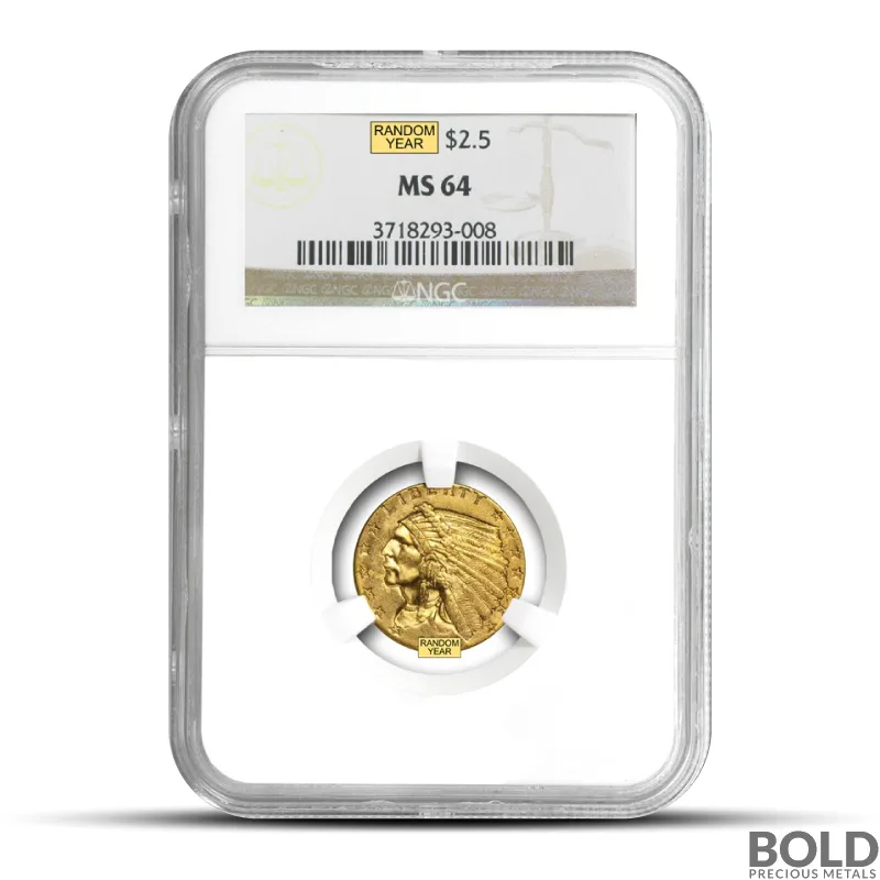 $2.50 Indian Quarter Eagle Gold Coin (Random Year, MS64 NGC/PCGS)
