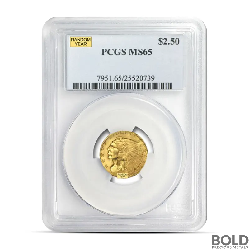 $2.50 Indian Quarter Eagle Gold Coin (Random Year, MS65 NGC/PCGS)