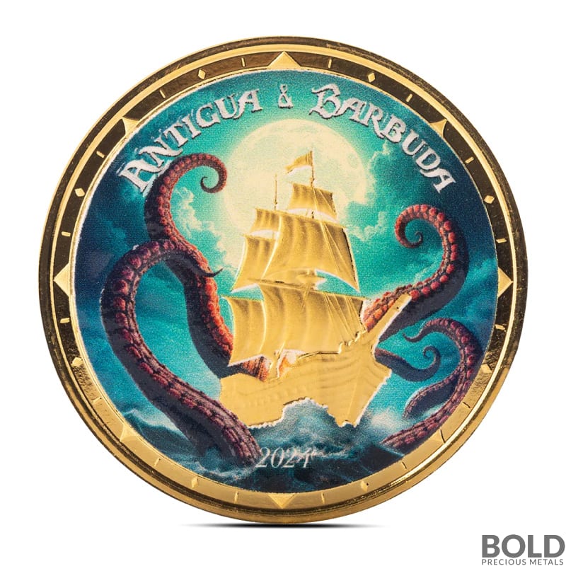 2024 1 oz Antigua & Barbuda Rum Runner & Kraken Gold Coin (BU, Colored)