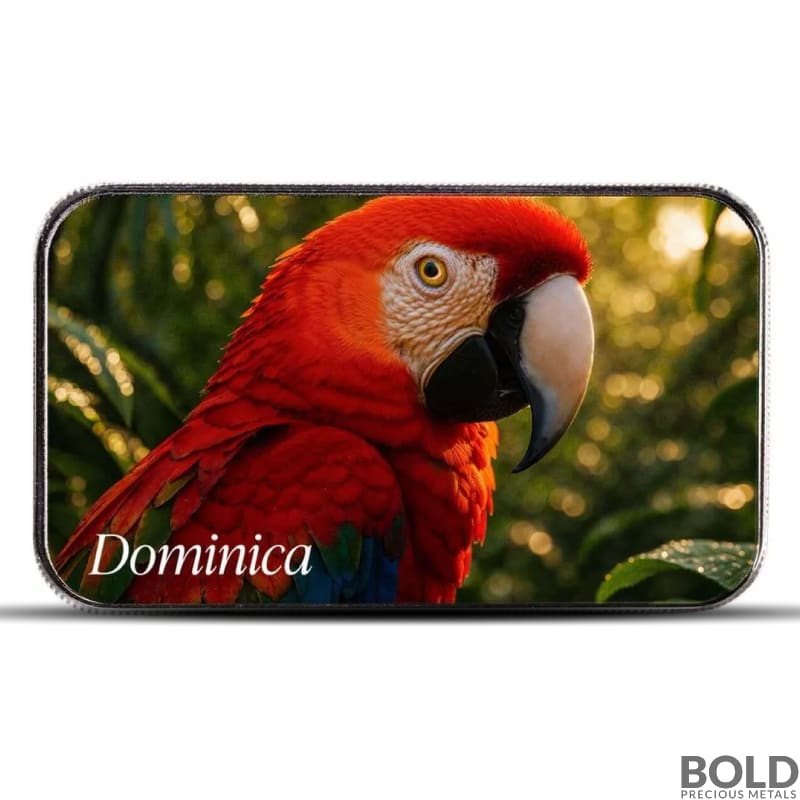 2025 1 oz EC8 Dominica Scarlet Macaw Silver Bar (Proof, Colored)