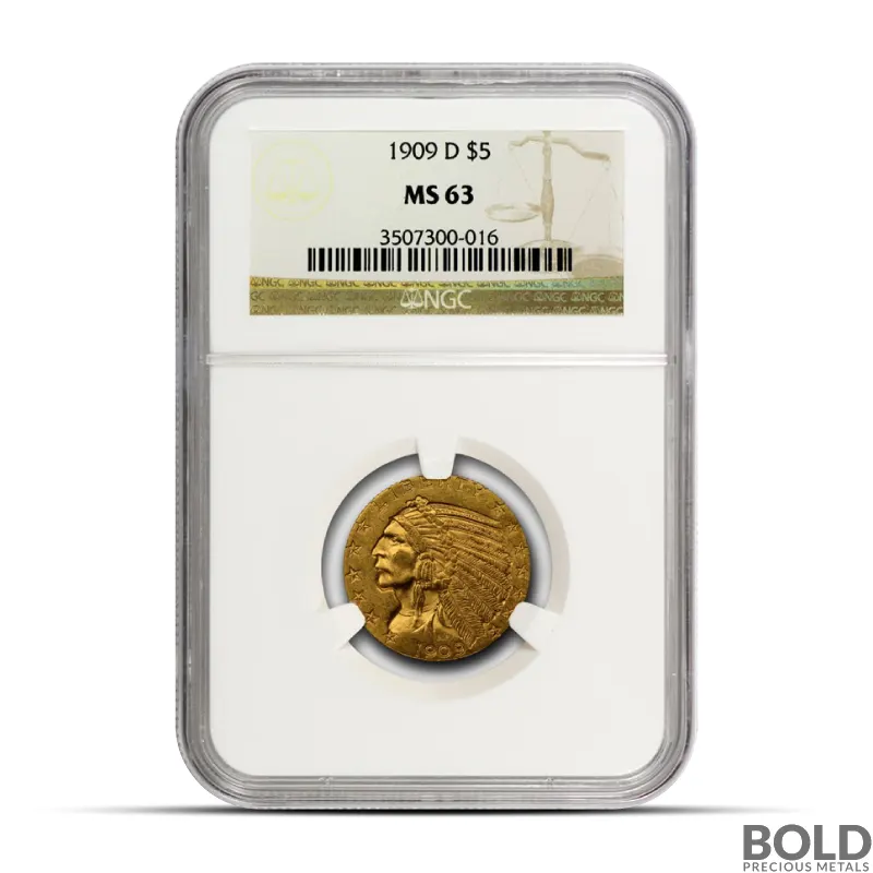 $5 Indian Half Eagle Gold Coin (Random Year, MS63)