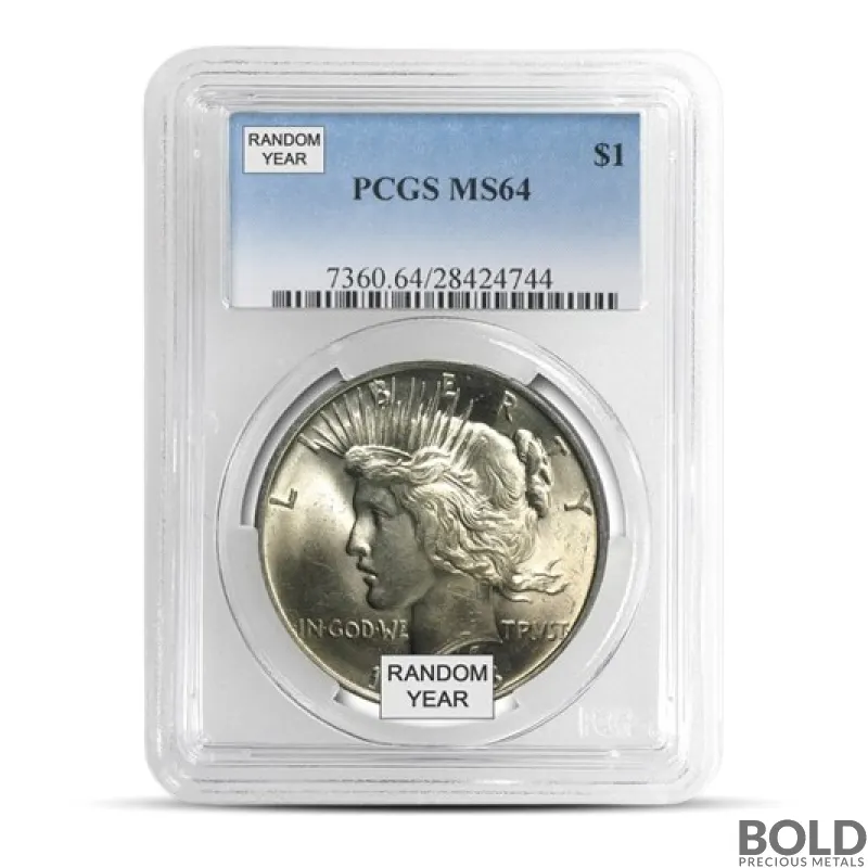 Peace Silver Dollar Coin (Random Year, MS64 PCGS)