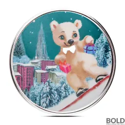 1 oz Polar Bear Snowboarding Silver Round (Colored)