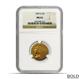$5 Indian Half Eagle Gold Coin (Random Year, MS63)
