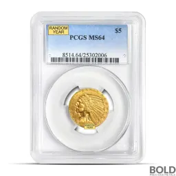 $5 Indian Half Eagle Gold Coin (Random Year, MS64)