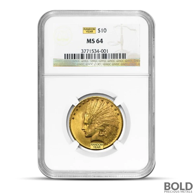 $10 Indian Gold Eagle Coin (MS64, NGC or PCGS, Random)