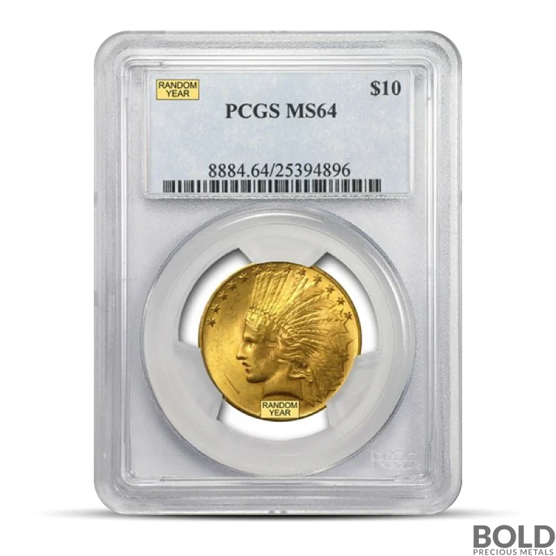 $10 Indian Gold Eagle Coin (MS64, NGC or PCGS, Random)