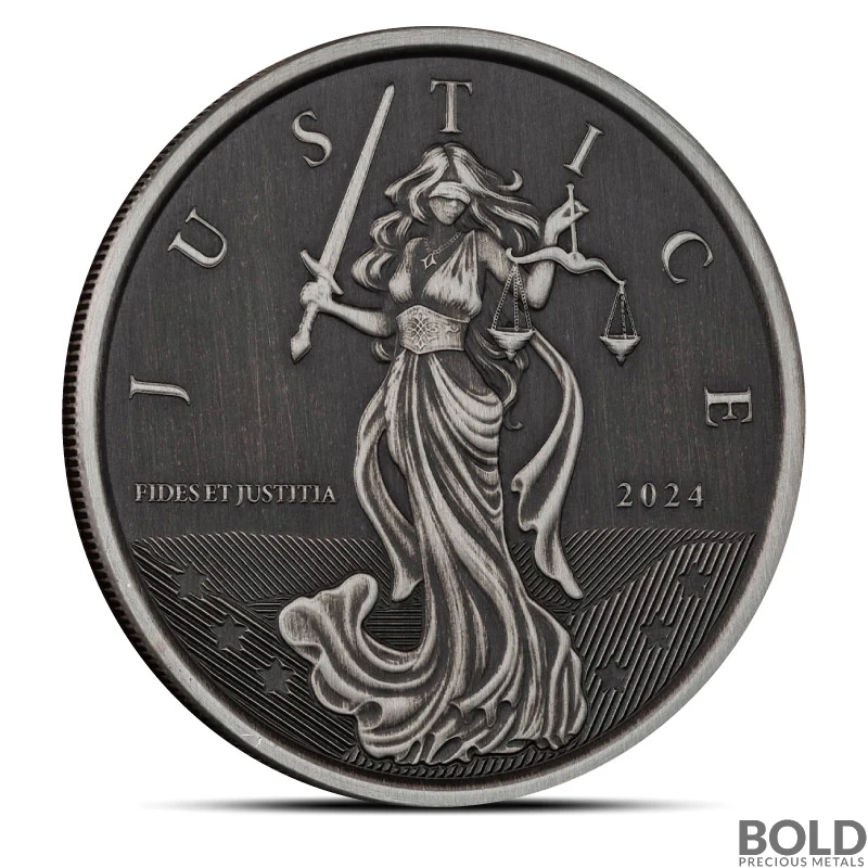 2024 1 oz Gibraltar Lady Justice Silver Coin (Antiqued)