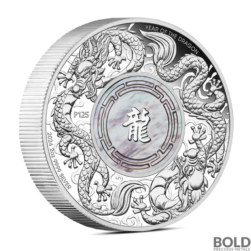 2024 2 oz Double Dragon with Mother of Pearl Insert Silver