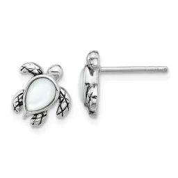 Sterling Silver Antiqued Mother of Pearl Turtle Stud Earrings 10.4mm, June Birthstone