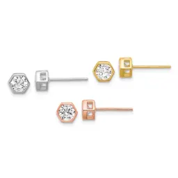 Sterling Silver Rodium-finished Rose and Gold-tone CZ Set of 3 Post Earring Set