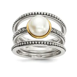 Sterling Silver Antiqued Button FWC Pearl Set of 3 Rings