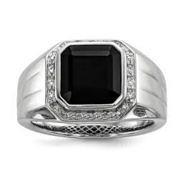 Sterling Silver Rhodium-finished Diamond and Black Onyx Men's Ring
