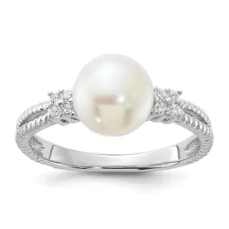 Sterling Silver Rhodium-finished White FWC Pearl and CZ Ring