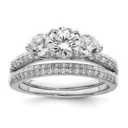 Sterling Silver Rhodium-finished CZ 3 Stone Engagement Ring Set