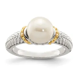 Sterling Silver Rhodium-finished with 14K Freshwater Cultured Pearl Ring