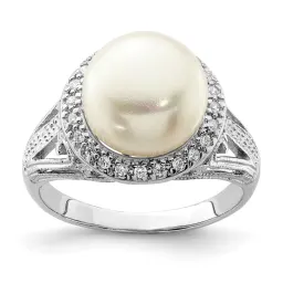 Sterling Silver Rhodium-finished White FWC Pearl and CZ Ring