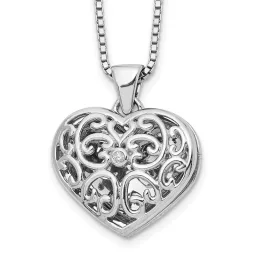 White Ice Sterling S Rh-finished 18 Inch Diamond Filigree Heart Locket Necklace with 2 Inch Extender
