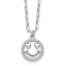 Sterling Silver Polished CZ Heart Eyes Smiley Face Necklace