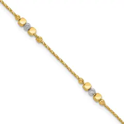 14K Two-tone Pol/Texture/Dia-cut Beads w/1in ext. Bracelet