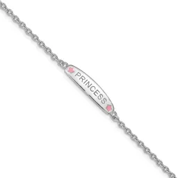 Sterling Silver Rhodium-finished Polished & Pink Enameled PRINCESS with 1 Inch Extension Children's Bracelet