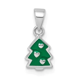 Kids' Sterling Silver Green Enamel Christmas Tree with Hearts Pendant 9mm