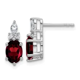14K White Gold Diamond and Oval Garnet Twisted Stud Earrings 13.6mm