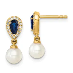 14K Gold Diamond Pearl and Sapphire Dangle Earrings 15.5mm