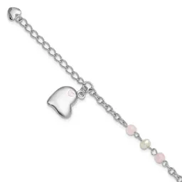 Sterling Silver Rh-finished Crystal FWC Pearl Enamel Dangle Heart w/1 in. ext Bracelet