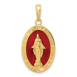 14K Gold Red Enameled Miraculous Medal Pendant 22.49mm