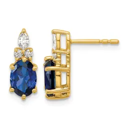 14K Gold Diamond and Oval Lab-Created Sapphire Stud Earrings 7x5mm, September Birthstone