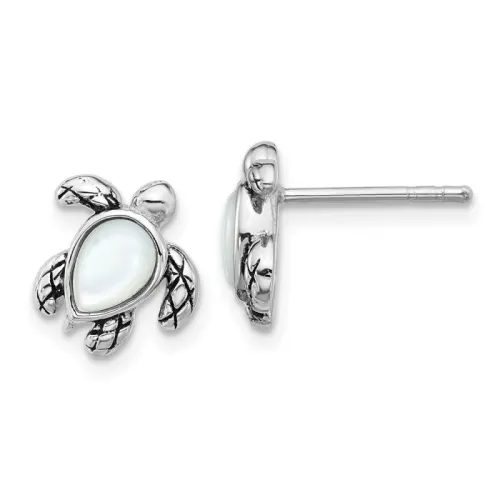 Sterling Silver Antiqued Mother of Pearl Turtle Stud Earrings 10.4mm, June Birthstone