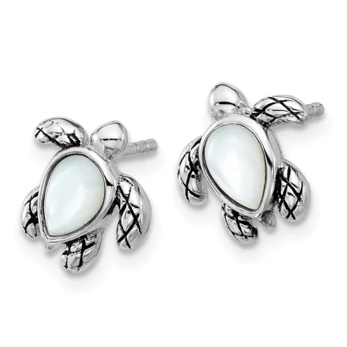 Sterling Silver Antiqued Mother of Pearl Turtle Stud Earrings 10.4mm, June Birthstone