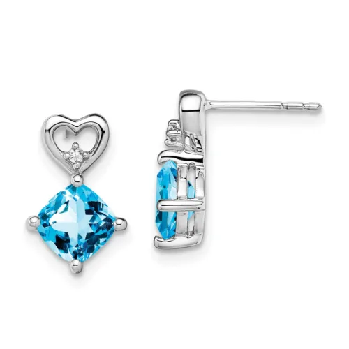 14K White Gold Cushion Blue Topaz and Diamond Heart Earrings 13.3mm, December Birthstone