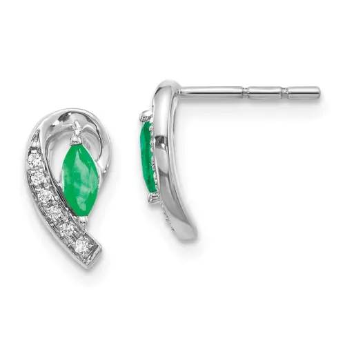 10K White Gold Diamond and Marquise Emerald Stud Earrings 1/20 ct tw 5x2.5mm, May Birthstone