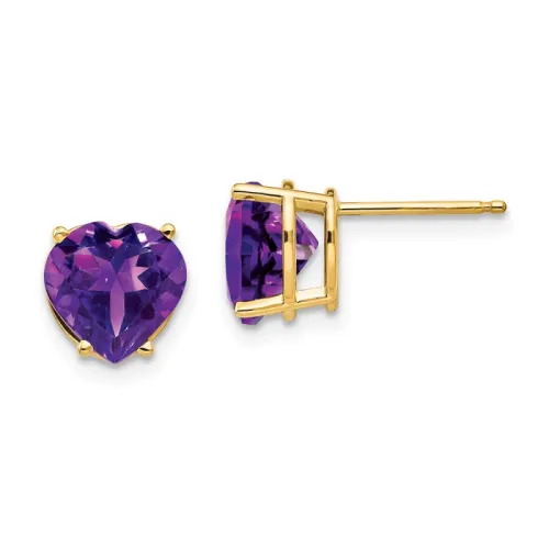 14K Gold Heart Amethyst Stud Earrings 8mm, February Birthstone