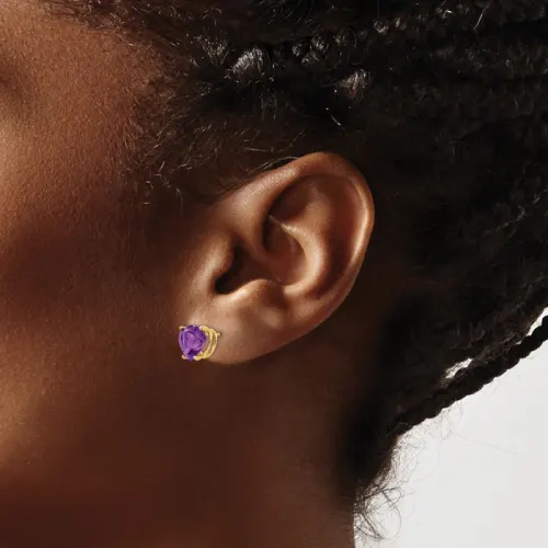 14K Gold Heart Amethyst Stud Earrings 8mm, February Birthstone