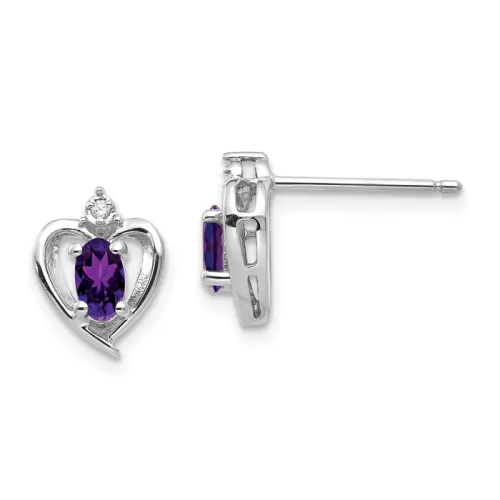 14K White Gold Oval Amethyst and Diamond Heart Stud Earrings 5x3mm, February Birthstone