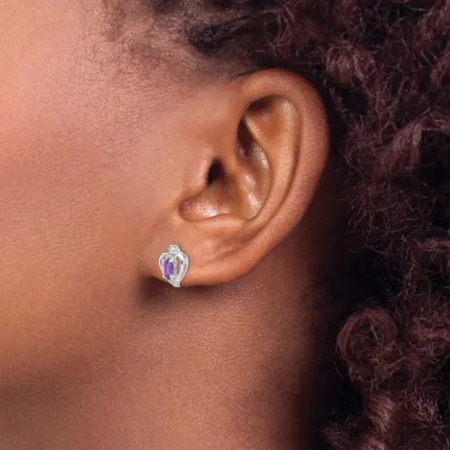 14K White Gold Oval Amethyst and Diamond Heart Stud Earrings 5x3mm, February Birthstone