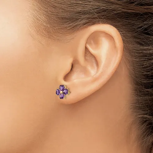 14K Gold Heart-Shaped Amethyst Flower Stud Earrings 4x4mm, February Birthstone