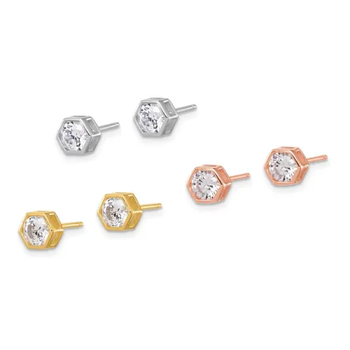 Sterling Silver Rodium-finished Rose and Gold-tone CZ Set of 3 Post Earring Set