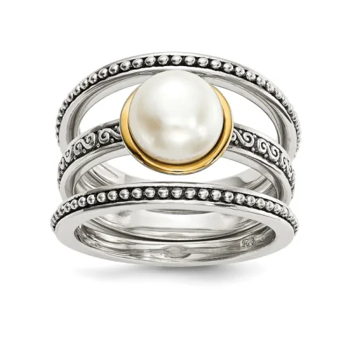 Sterling Silver Antiqued Button FWC Pearl Set of 3 Rings