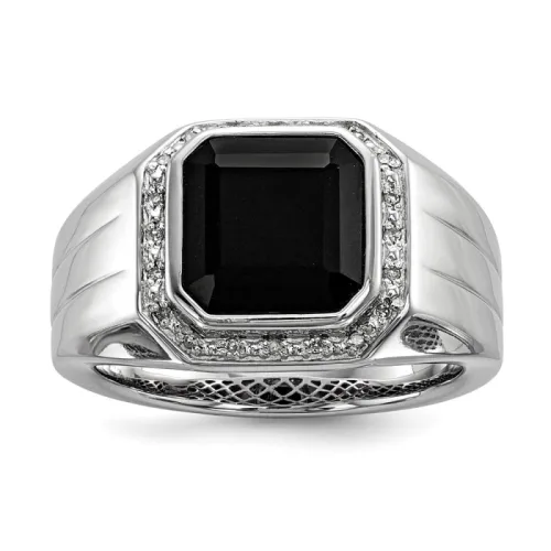 Sterling Silver Rhodium-finished Diamond and Black Onyx Men's Ring