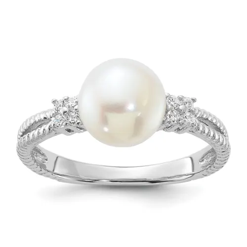 Sterling Silver Rhodium-finished White FWC Pearl and CZ Ring