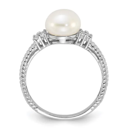 Sterling Silver Rhodium-finished White FWC Pearl and CZ Ring