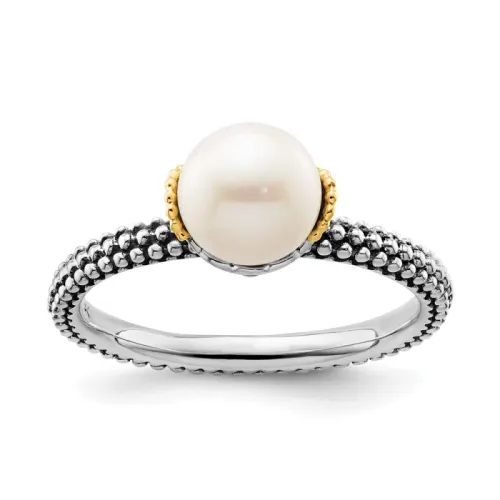 Sterling Silver and 14k Stack Exp. White FW Cultured Pearl Ring