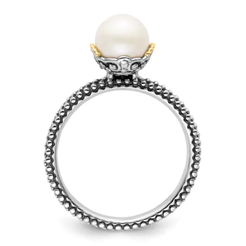 Sterling Silver and 14k Stack Exp. White FW Cultured Pearl Ring
